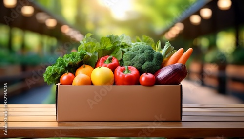 cardboard box with fresh vegetables on wooden bench, fruits and other food on store 