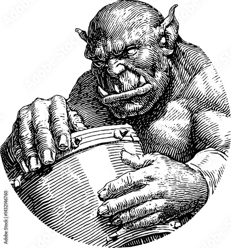 Engraved orc drumming illustration - bold black linework fantasy art