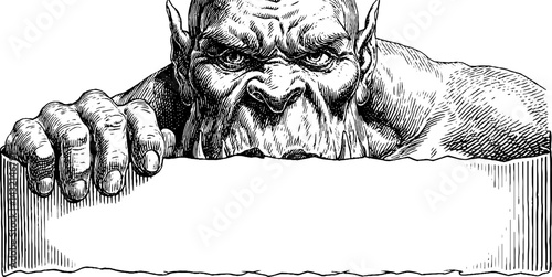 Fierce orc warrior with war banner engraving for fantasy and mythical themes