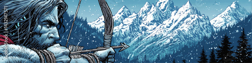 Epic Winter Archer Aiming Bow in Snowy Mountain Landscape – Dramatic Comic Style Adventure, Survival Hunter Illustration