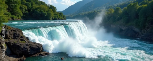 Turbulent water rushes past low dam; scenic view , low water, powerful