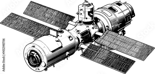 Intricate engraved illustration of iss module and docking configuration for space exploration design