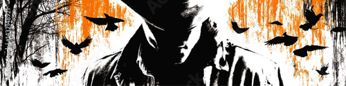 Mysterious Cowboy Silhouette with Flying Crows, Grunge Abstract Art in Black, White, and Orange for Western and Halloween Themes