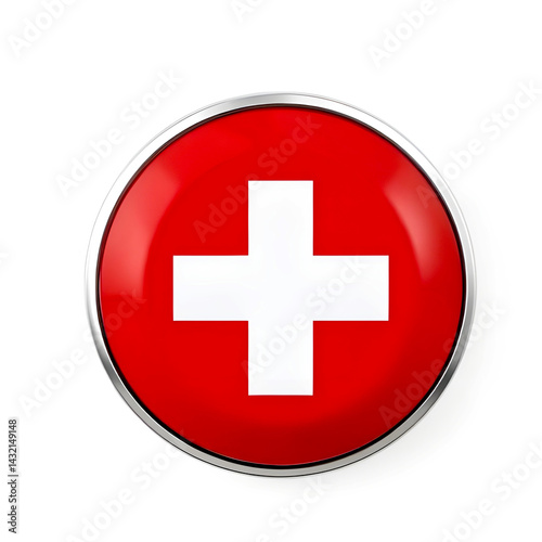 Swiss flag button Red cross symbol on shiny metallic circle perfect for website or app design
