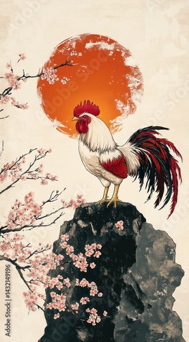 Wallpaper Mural Majestic Rooster Sunrise Sakura Rock Art Graphic Torontodigital.ca