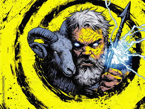 Powerful Zeus with Ram and Lightning Spear—Mythological Warrior Portrait, Yellow Abstract Background, Comic Book Style Art