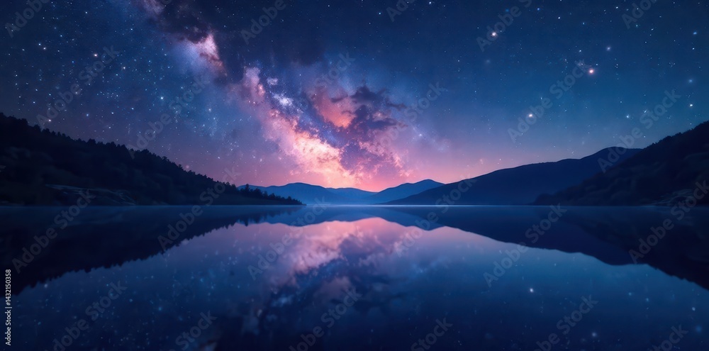 Fototapeta premium Dark, star-studded sky mirrors in a glassy lake , tranquil, water, astrophotography