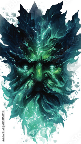 Mystical Green Man Forest Spirit Watercolor Illustration – Nature Guardian Face, Fantasy Woodland Art, Leafy Ent Design