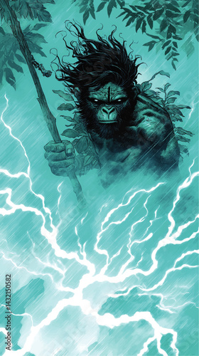 Dramatic Comic Illustration of Prehistoric Human with Spear in Thunderstorm, Blue Lightning Energy, Intense Jungle Scene