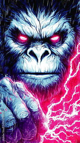 Powerful Electric Gorilla with Glowing Eyes in the Rain – Vibrant Neon Lightning, Comic Book Style Illustration