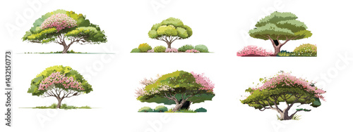  Vector watercolor blooming flower tree or forest side view isolated on white background for landscape and architecture drawing,elements for environment or and garden,green tree for garden section