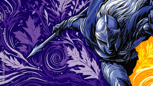 Dynamic Medieval Warrior with Spear in Action Pose – Vibrant Blue and Purple Fantasy Illustration with Swirling Background
