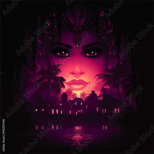 Mystical Woman’s Face in Tropical Night Landscape – Vibrant Neon Colors, Enchanted Jungle, Surreal Fantasy Art Illustration