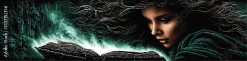 Enchanting Woman Reading Magical Book in Dreamy Fantasy Landscape, Glowing Mystical Energy, Turquoise and Black Digital Art