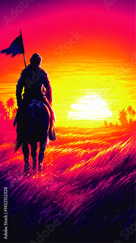 Vibrant Digital Art of Lone Horse Rider with Flag at Dramatic Sunset, Colorful Field, and Silhouetted Palm Trees