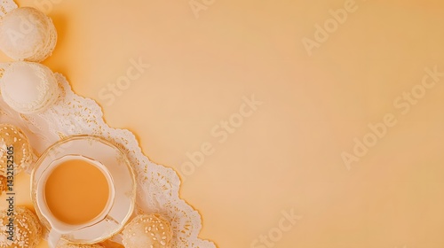 Pastel Teacup and Macarons on Lace Doily, Elegant Flatlay