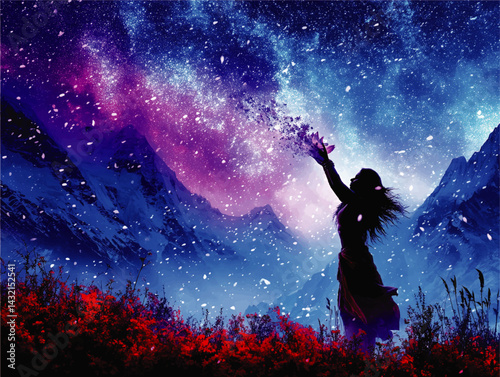 Magical Silhouette Woman with Flower Petals Under Starry Night Sky and Mountains, Fantasy Landscape with Vibrant Colors