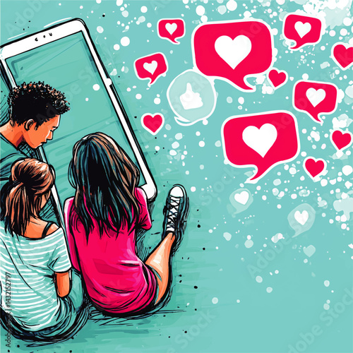Teenagers Engaged with Social Media on Smartphone – Digital Illustration of Youth Technology Culture, Social Networking and Online Likes