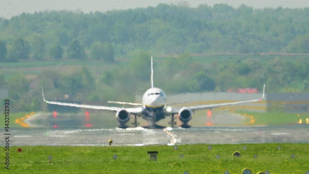 Soaring into the sky with a powerful plane takeoff over lush green landscapes Soaring into the sky with a powerful plane takeoff over lush green landscapes