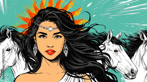 Majestic Woman With Flowing Black Hair and White Horses, Artistic Sunburst, Turquoise Background – Fantasy Illustration Art
