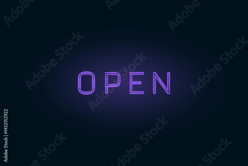 Glowing vector neon purple open sign on a dark background. Perfect for digital signage, storefronts, cafe ads, retro themed content, nightlife branding, or creative projects.