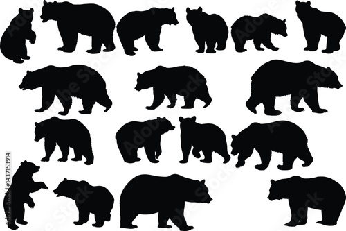 Set of bear silhouette vector illustration, bear in various pose