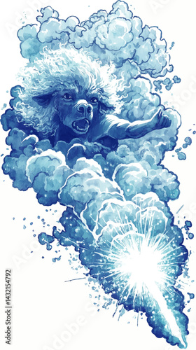 Mythical Thunderstorm Spirit in Blue Clouds, Lightning Burst Fantasy Illustration – Dramatic Ethereal Creature Art