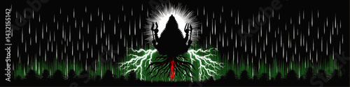 Surreal Forest Goddess Silhouette With Lightning, Sacred Aura, Dark Night Sky and Vibrant Green Trees, Spiritual Nature Illustration
