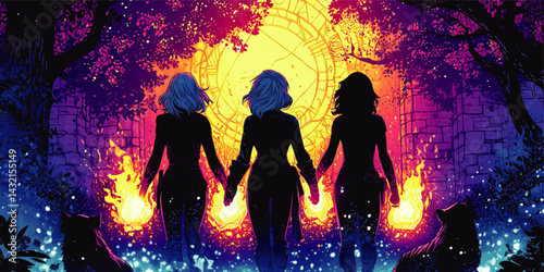 Three Powerful Female Sorceresses with Glowing Hands Enter Mystical Portal in Enchanted Forest – Vibrant Fantasy Art Illustration