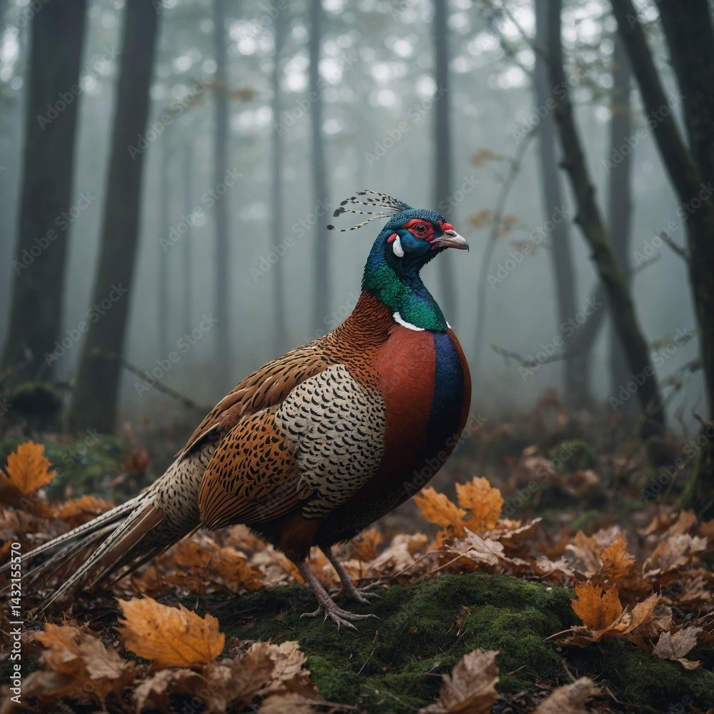 Fototapeta premium A beautiful pheasant in a misty autumn forest.