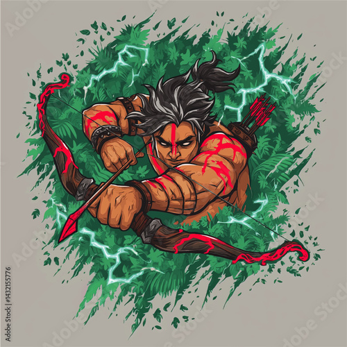 Fierce Warrior Archer with Tribal Markings and Lightning Bow Drawing Arrow in Lush Green Jungle – Powerful Fantasy Illustration