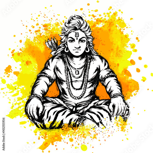 Hand Drawn Lord Rama Illustration with Yellow Watercolor Splash, Hindu God Art, Indian Mythology, Meditative Pose for Spiritual Posters