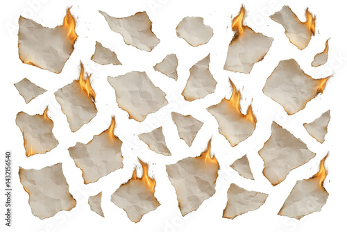 Flying burning paper scraps with fire flames isolated on transparent background, generative ai