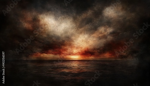 Dramatic sunset over a stormy sea.  A fiery, ominous sunset bleeds across a tumultuous sea, shrouded in ominous clouds