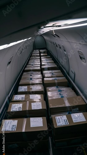 Stacked cardboard boxes filling cargo area inside of airplane fuselage for shipment abroad, air transportation of packages