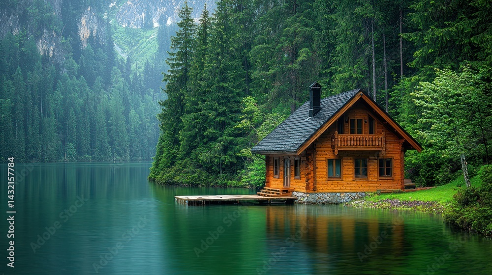 Fototapeta premium Serene Lakeside Cabin Retreat: A Picturesque Wooden House nestled amidst lush greenery and tranquil waters, reflecting the mountain's beauty.