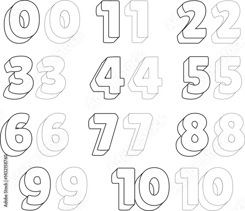 Vector double digits 00–10 in 3D style with dashed outlines. Perfect for kids' tracing, cutting, and number recognition worksheets. Great for preschool and educational activities.