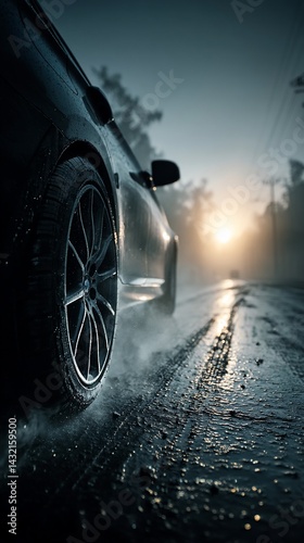 Dark vehicle on a wet road at sunset.  Powerful wheels and tires leave a trail of vapor