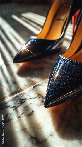 Dark-blue, glitter high heels with pointed toes, resting on marble, sunlit