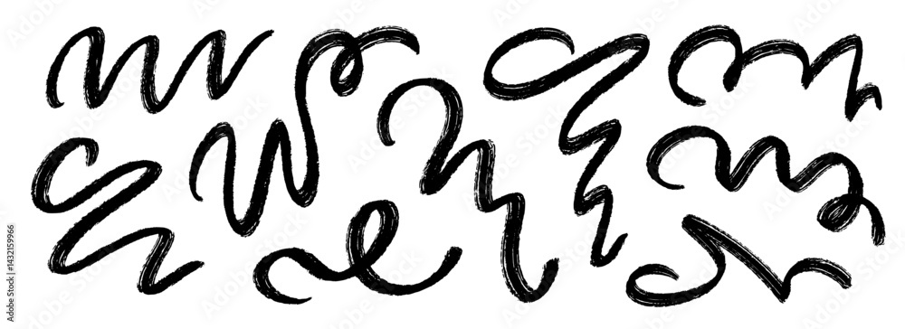 Black squiggle paint line set. Wiggly brush stroke collection. Charcoal curly flourish pack for highlight, underline, emphasis. Crayon wavy undulate strips. Rough chalk scribble swoosh stripes. Vector
