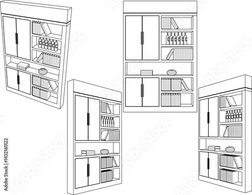 vector sketch illustration of furniture design wardrobe bookcase with interior decoration decoration