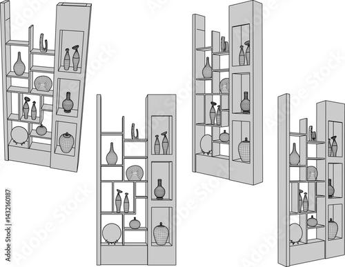 vector sketch illustration of furniture design wardrobe bookcase with modern minimalist interior decoration