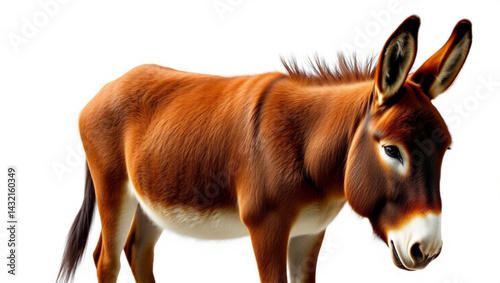 A full body shot of a brown donkey standing in front of a white background looking to the right side created with generated ai