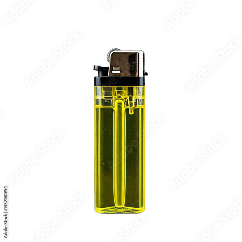 A bright yellow disposable lighter with a silver top is shown against a transparent background. The lighter is rectangular and partially translucent, revealing the fuel inside.