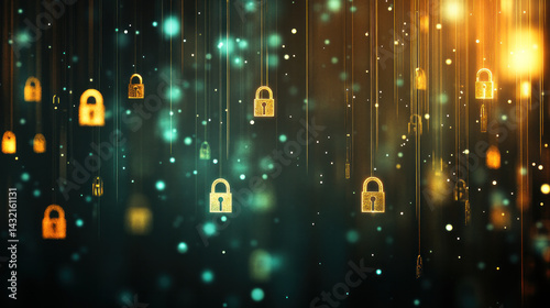 A series of golden locks hanging from the ceiling. The locks are all different sizes and shapes, but they all have the same design. The image has a futuristic and technological feel to it