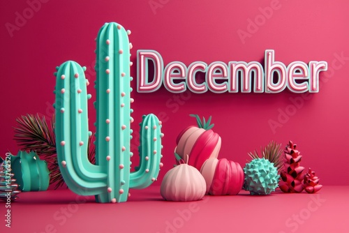 Cacti and various colorful decorations are arranged against a vibrant pink background. The word December is prominently displayed, adding a festive touch to the composition.