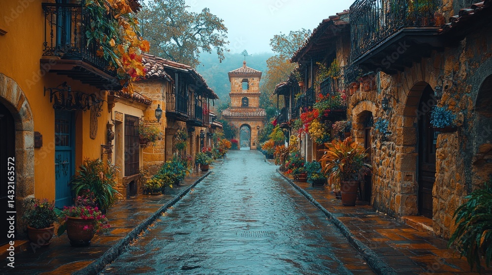 Fototapeta premium Rainy Day in a Charming Medieval Village