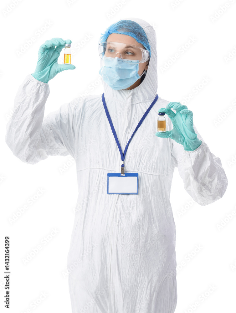 Medical worker in protective uniform and with ampules on white background Medical worker in protective uniform and with ampules on white background