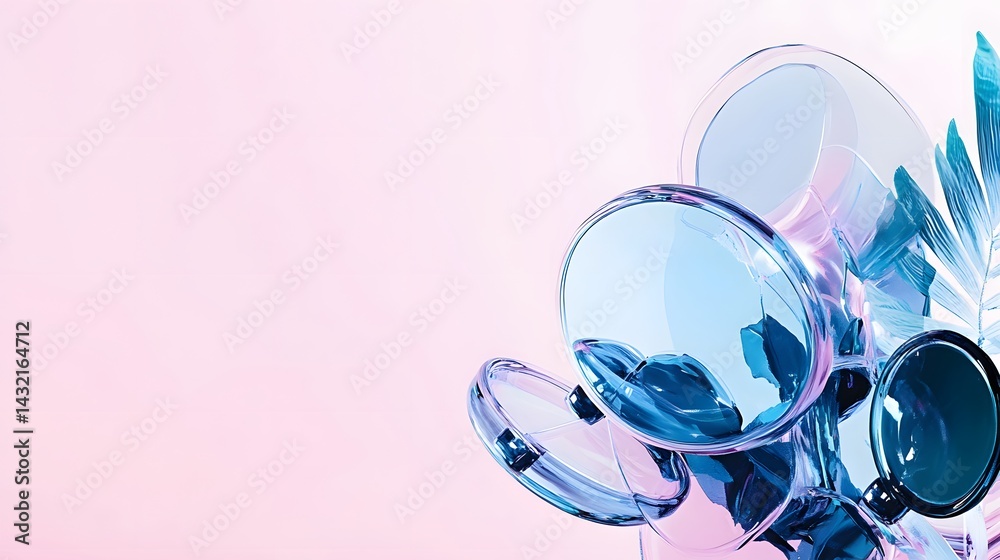 Fototapeta premium Abstract Blue Glass Bubbles Pink Background AI Art