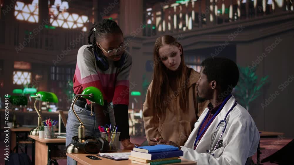 Diverse group of pupils in a library discuss with a medic resident, preparing for a new lecture at med school. Using medical books and materials to gain expertise in microbiology. Camera B. Diverse group of pupils in a library discuss with a medic resident, preparing for a new lecture at med school. Using medical books and materials to gain expertise in microbiology. Camera B.
